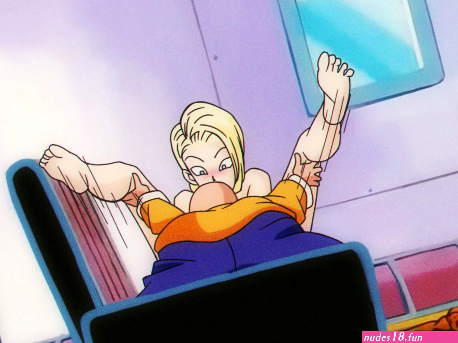 gmr android 18 muten roushi dragonball z highres nude filter third-party edit clothed male nude female feet feet up leg grab legs apart legs up netorare nude shoes sitting unworn clothes unworn