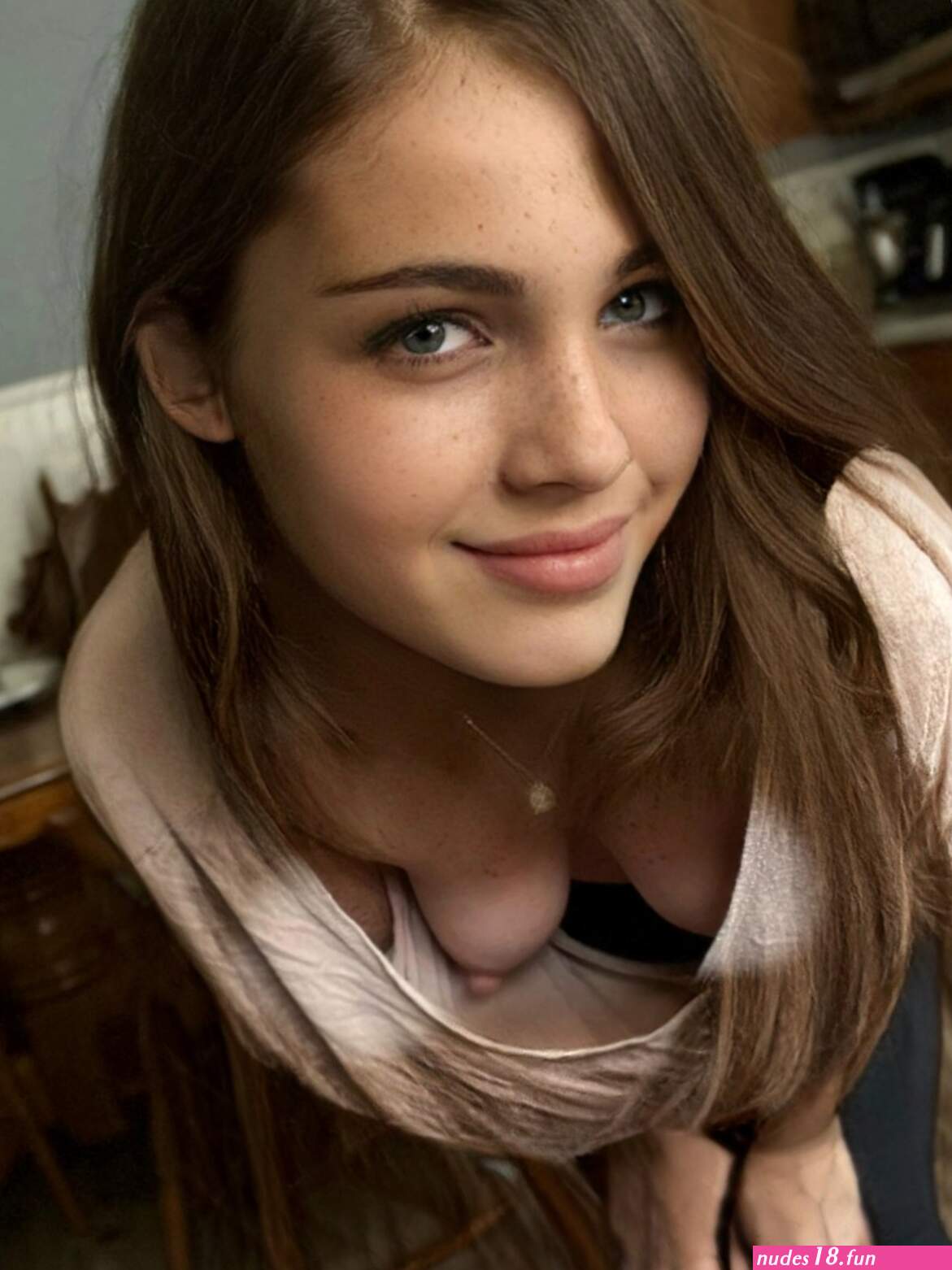 Azsharax3 on X: Cute and beauty young freckled brunette cleavage downblouse tits nipslip