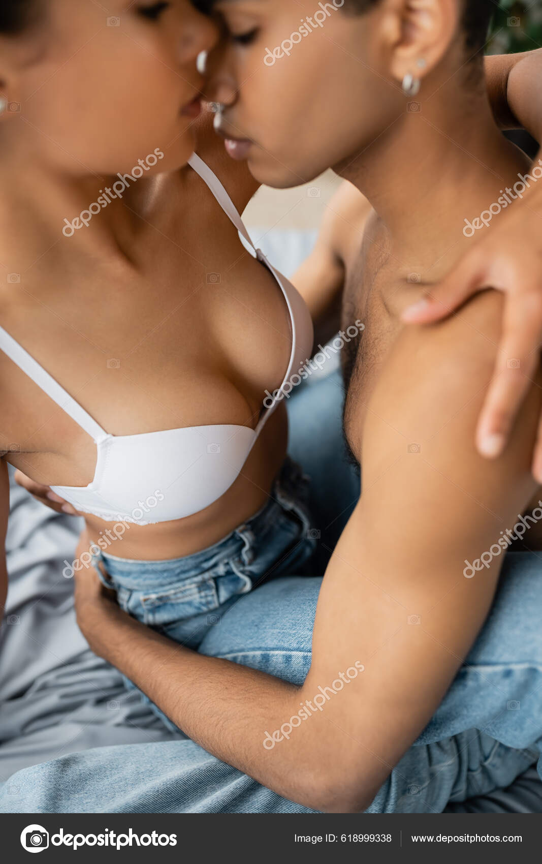 Young Woman Sexy Breast Kissing Shirtless African American Man Blurred Stock Photo AllaSerebrina 618999338