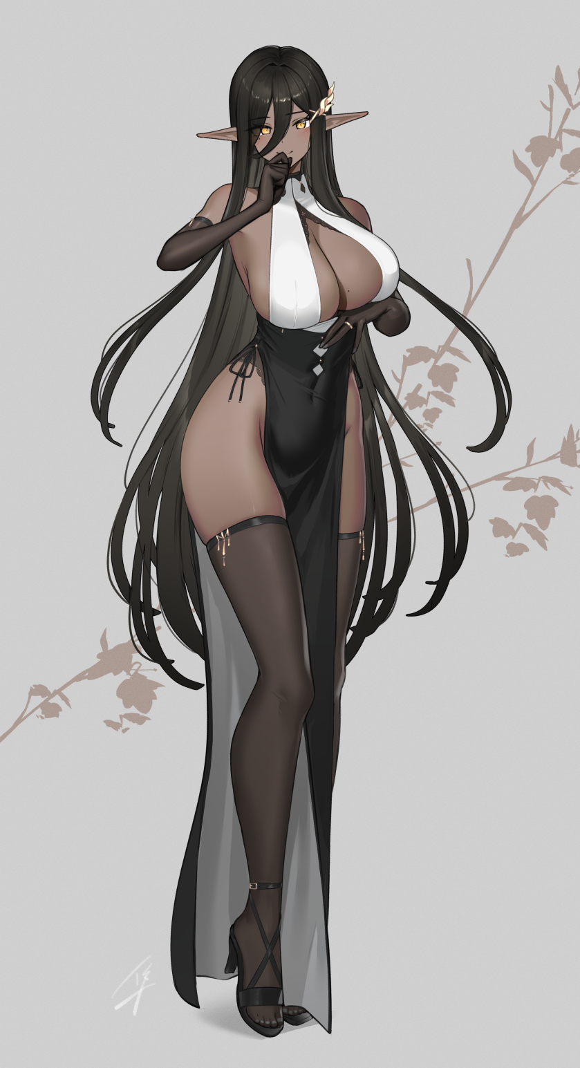 Hayabusa artist dark skin long hair big boobs huge breasts cleavage thighs dark elf black stockings yellow eyes pointy ears thigh-highs simple background anime girls stockings heels anime