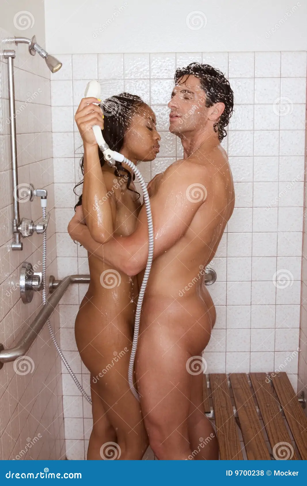 Naked Sensual Couple Man and Woman in Shower Stock Photo