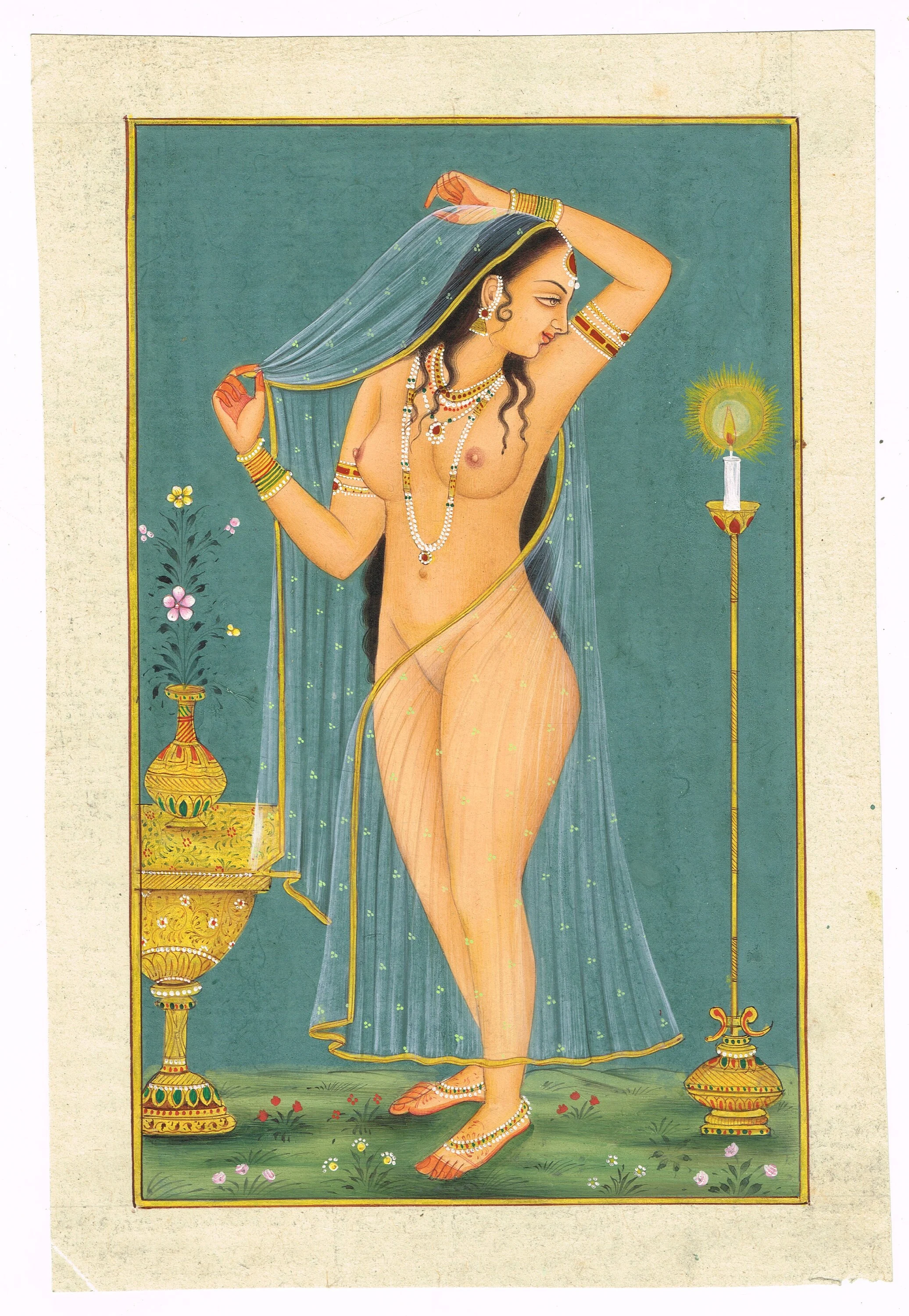 Indian Miniature Painting of Naked Woman queen Fine Art on Paper 5.25x8 Inches