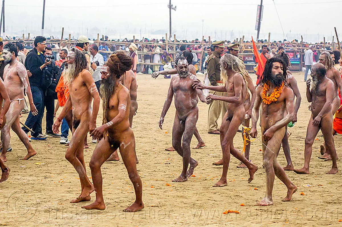 Naked Hindu Devotees Walking towards the Ganges River