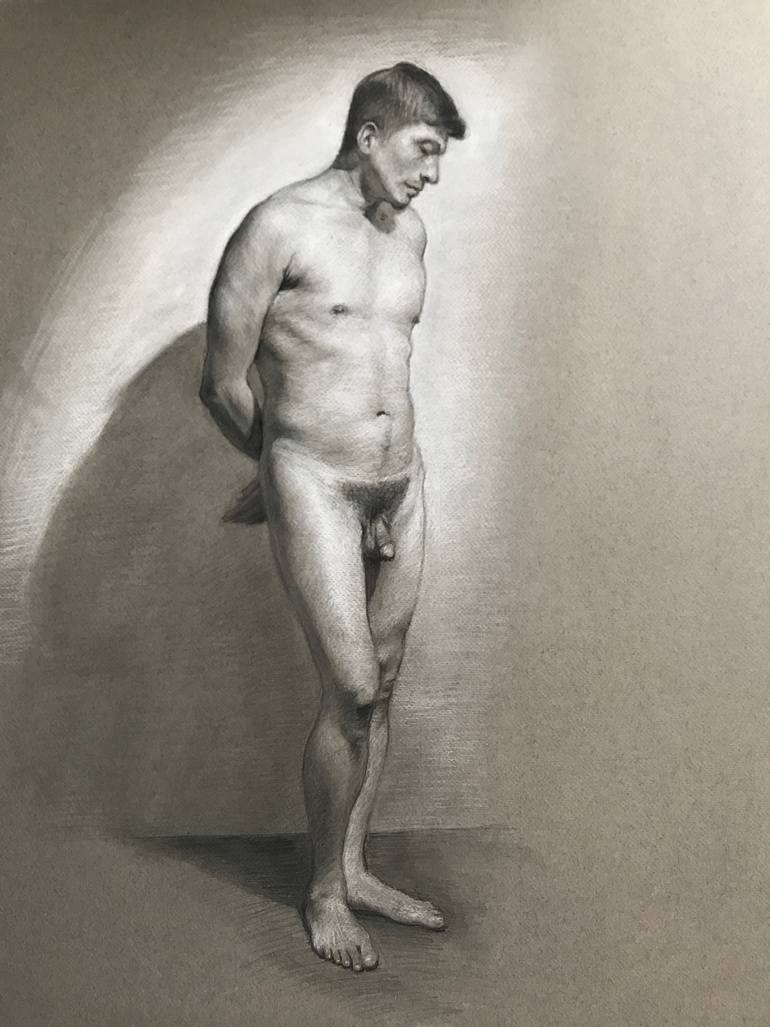Standing male nude looking down Drawing by Christopher Lopresti