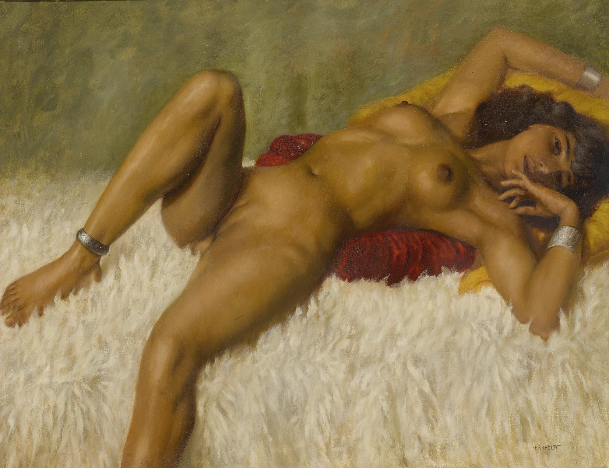French reclining Nude On A Rug by Marcel Renée Herrfeldt