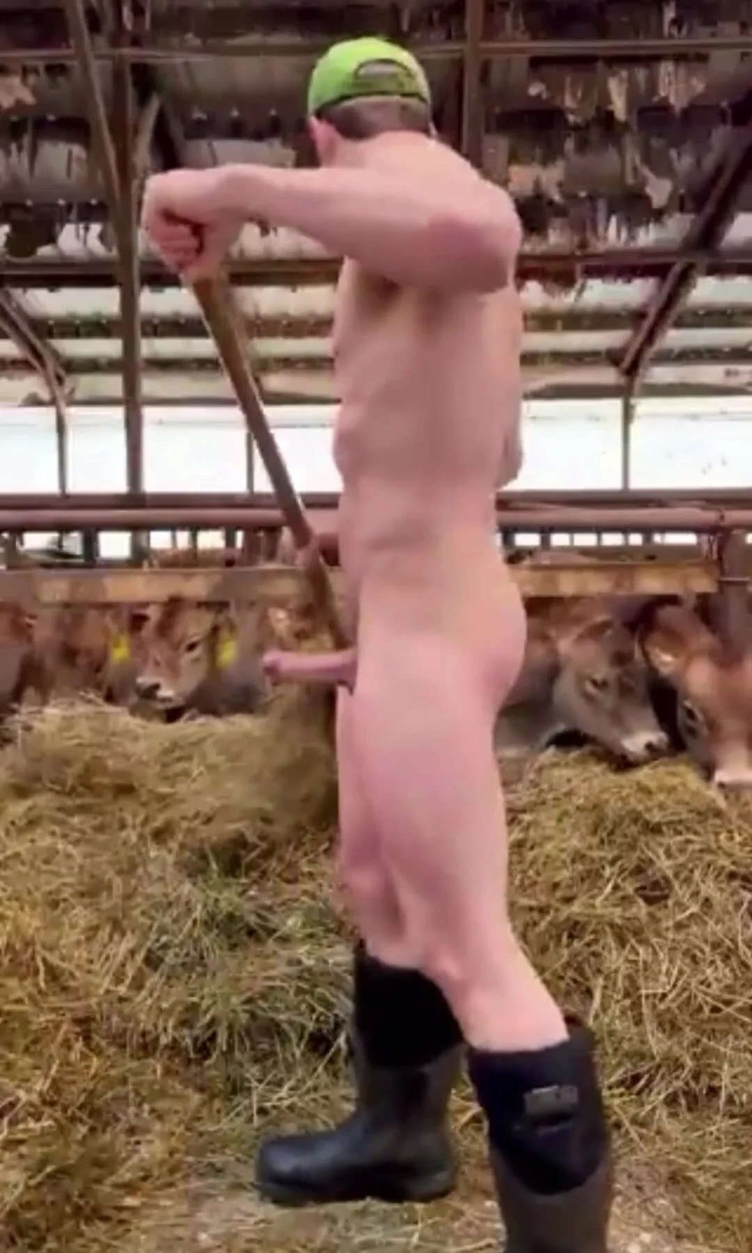 Hung naked farmer working and showing off outdoors