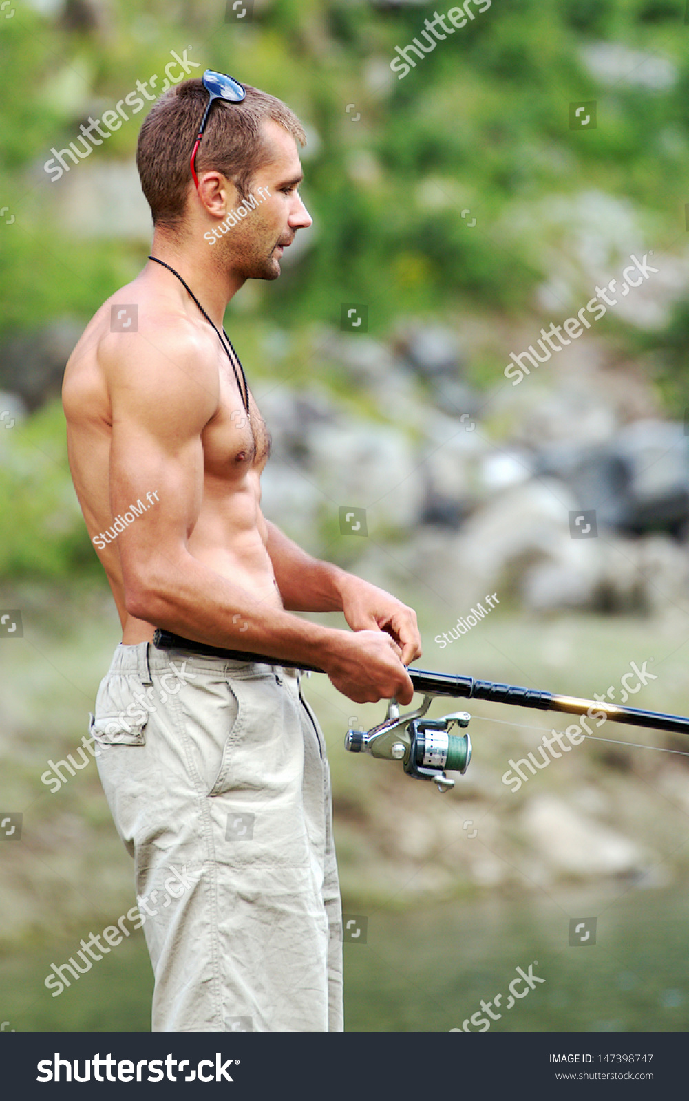 Beautiful Brawny Muscular Fisherman Naked Torso Stock Photo 147398747