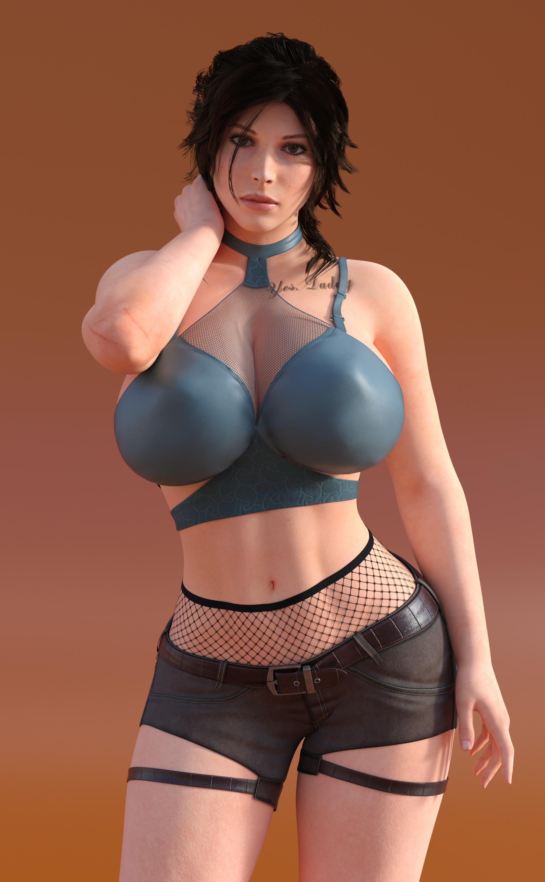 big boobs boobs brunette bare midriff curvy Lara Croft Tomb Raider video game girls video game characters huge breasts bursting breasts belly Tomb Raider Daz 3D alone short shorts shorts tattoo CGI