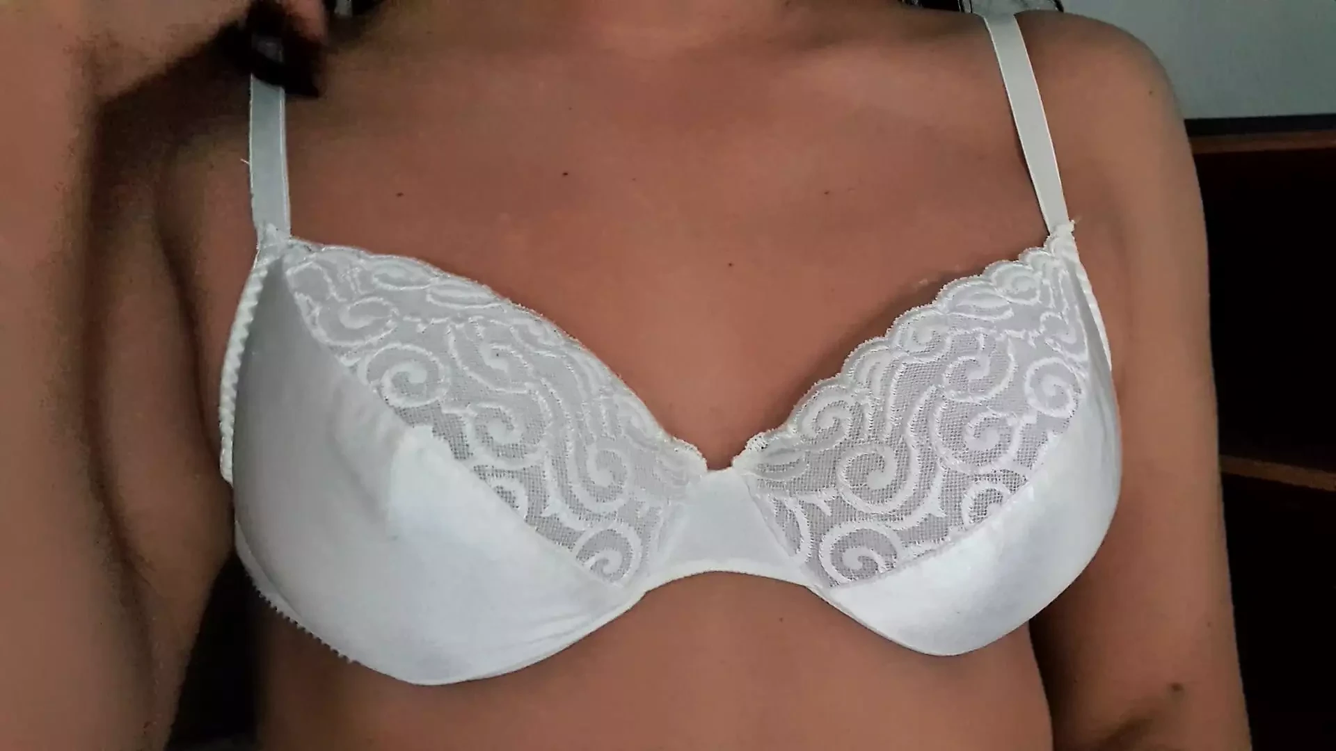Caresing My Boobs in White Satin 34b Bra: Gay Amateur Porn feat. Nylonpty