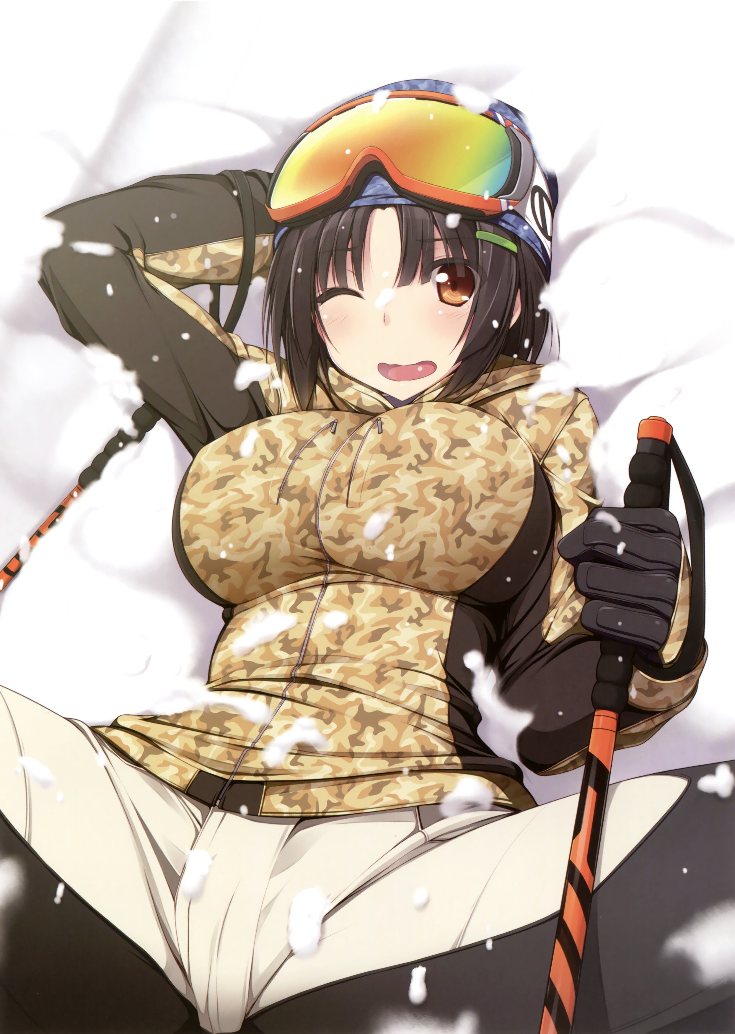 brunette Boobs Simple background Snow Anime Anime girls Goggles Black hair HD Wallpapers Desktop and Mobile Images Photos