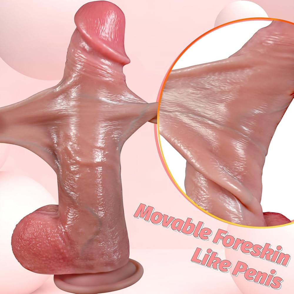 : Squirting Dildo Realistic Movable Foreskin Dildos Sex Toys 2 in 1 Silicone Foreskin Ejaculating Toy for Vaginal Anal Play 10 Huge Strap On Anal Dildo with Suction Cup Sliding Skin