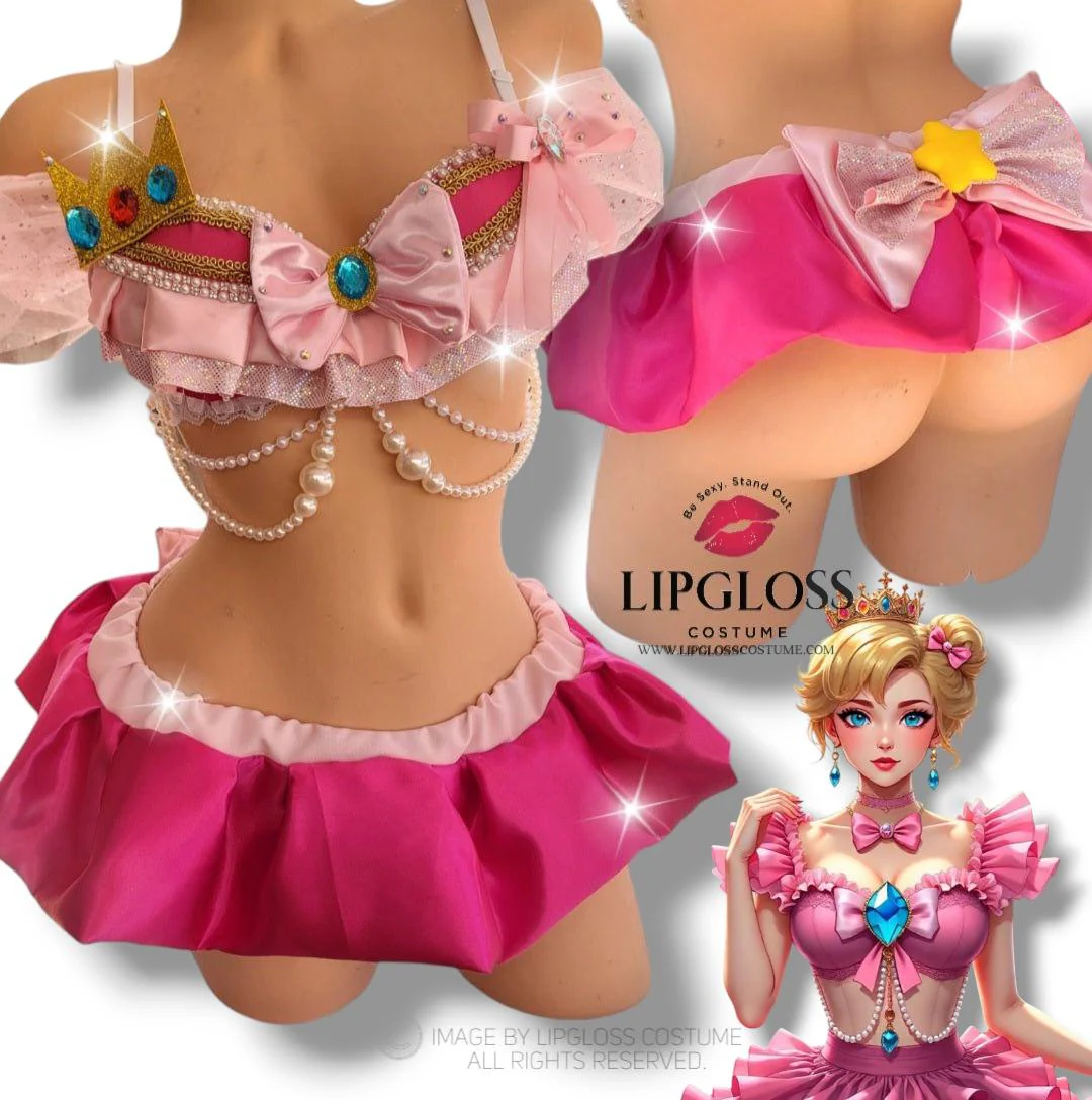 New Sexy Princess Peach Cosplay W Mini Micro Skirt Superstar Mario Video Game Party Character for Halloween EDC Rave Festival Ravewear