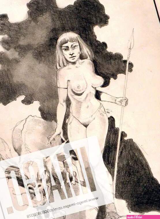 Monsters. Naked woman with fire-breathing monster. A drawing entitled Amazon by the artist Gordon