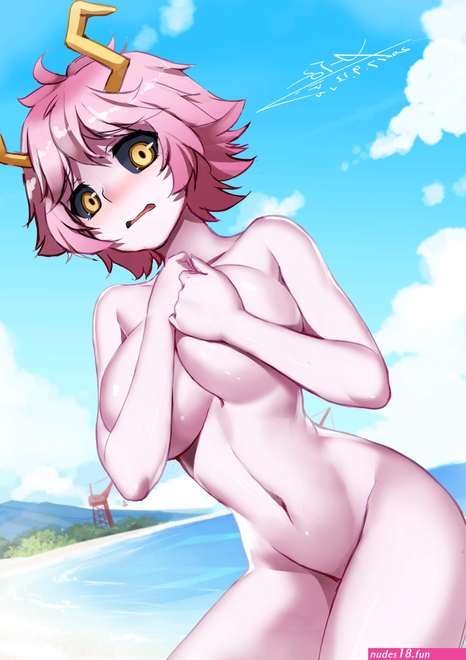 x-boy boku no hero academia ashido mina breast hold horns naked