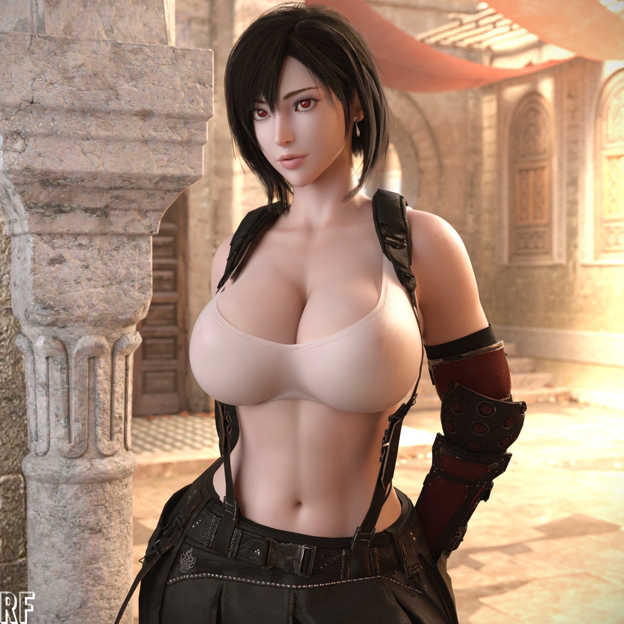 big boobs Tifa Lockhart video game characters cleavage belly video game art CGI black hair digital art watermarked