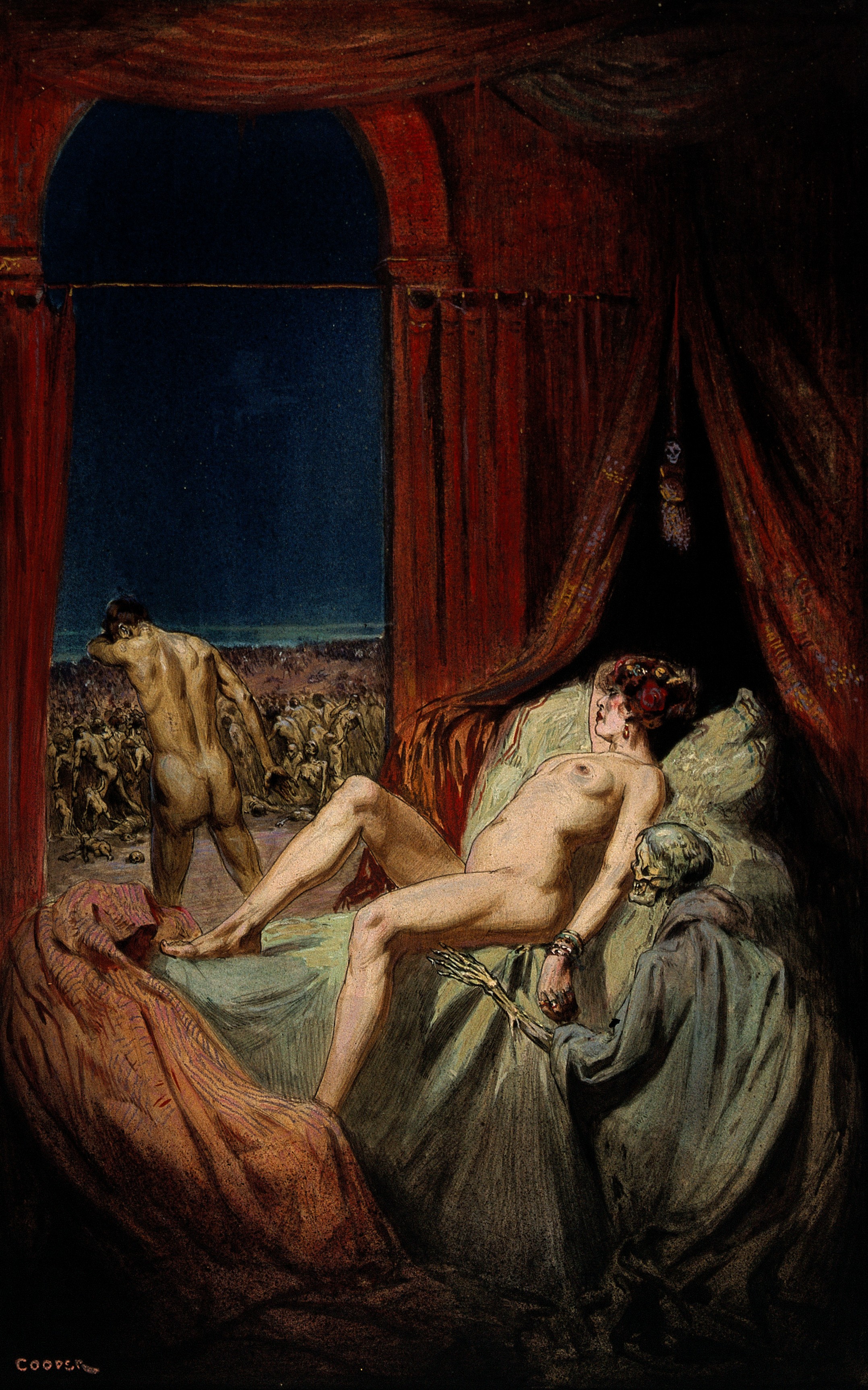 File:A provocative naked young woman lying on a bed death a clo Wellcome V0017057.jpg