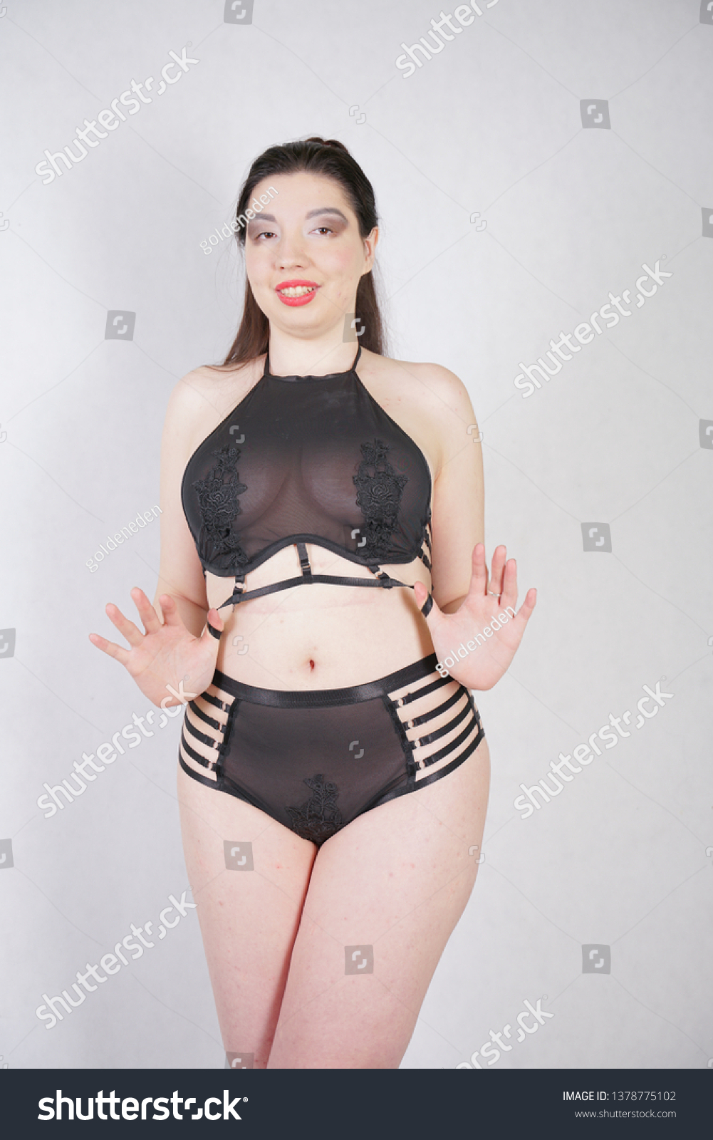 Sexy Chubby Girl Black Sheer Lingerie Stock Photo 1378775102