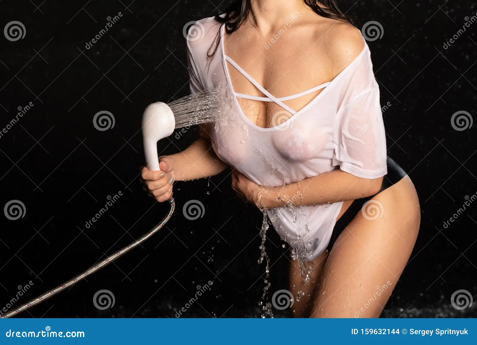 Portrait of the Beautiful Girl Under Shower Over White Stock Photo