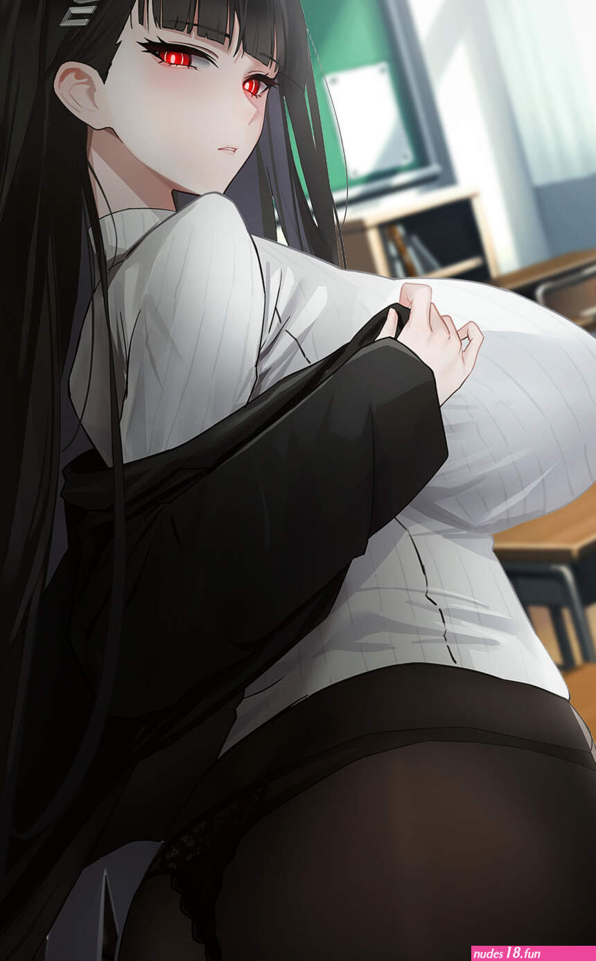 big boobs long hair ass red eyes looking at viewer huge breasts women indoors standing Tsukatsuki Rio anime anime girls classroom chair desk portrait display black hair Blue Archive curtains window sunlight